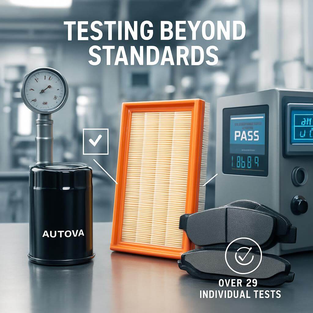 Our Products AUTOVA automotive parts undergoing pressure and durability testing including oil filters air filters and brake pads to ensure reliable performance in extreme driving conditions