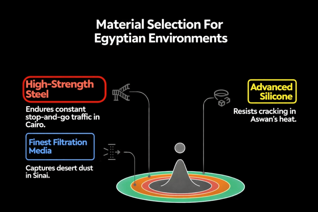 AUTOVA Material Engineering For Egyptian Driving Conditions Diagram showing AUTOVA material selection for Egyptian driving conditions including high-strength steel for brake durability, advanced silicone for heat resistance, and filtration media designed to capture desert dust.