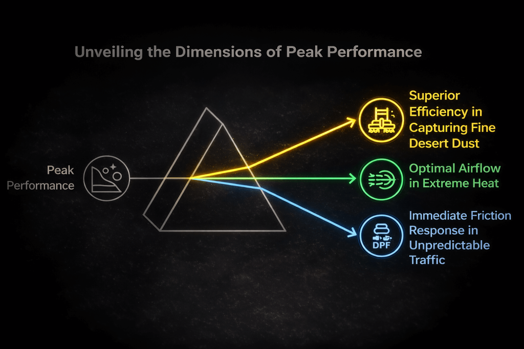 autova peak performance egypt driving conditions.png AUTOVA peak performance engineering diagram showing air filter efficiency in desert dust, optimal airflow in extreme heat, and brake friction response in heavy traffic conditions